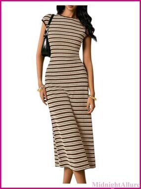 Striped Midi Dress Knit Bodycon Cap Sleeve Casual Work Summer